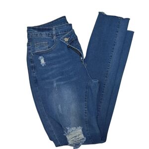 Blue Skinny Jeans with Distressed Details And Slanted Zip Front Closure - NWOT